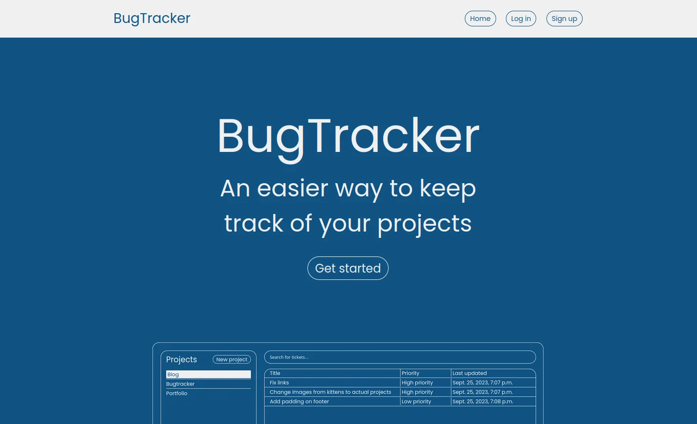 Bugtracker homepage on desktop